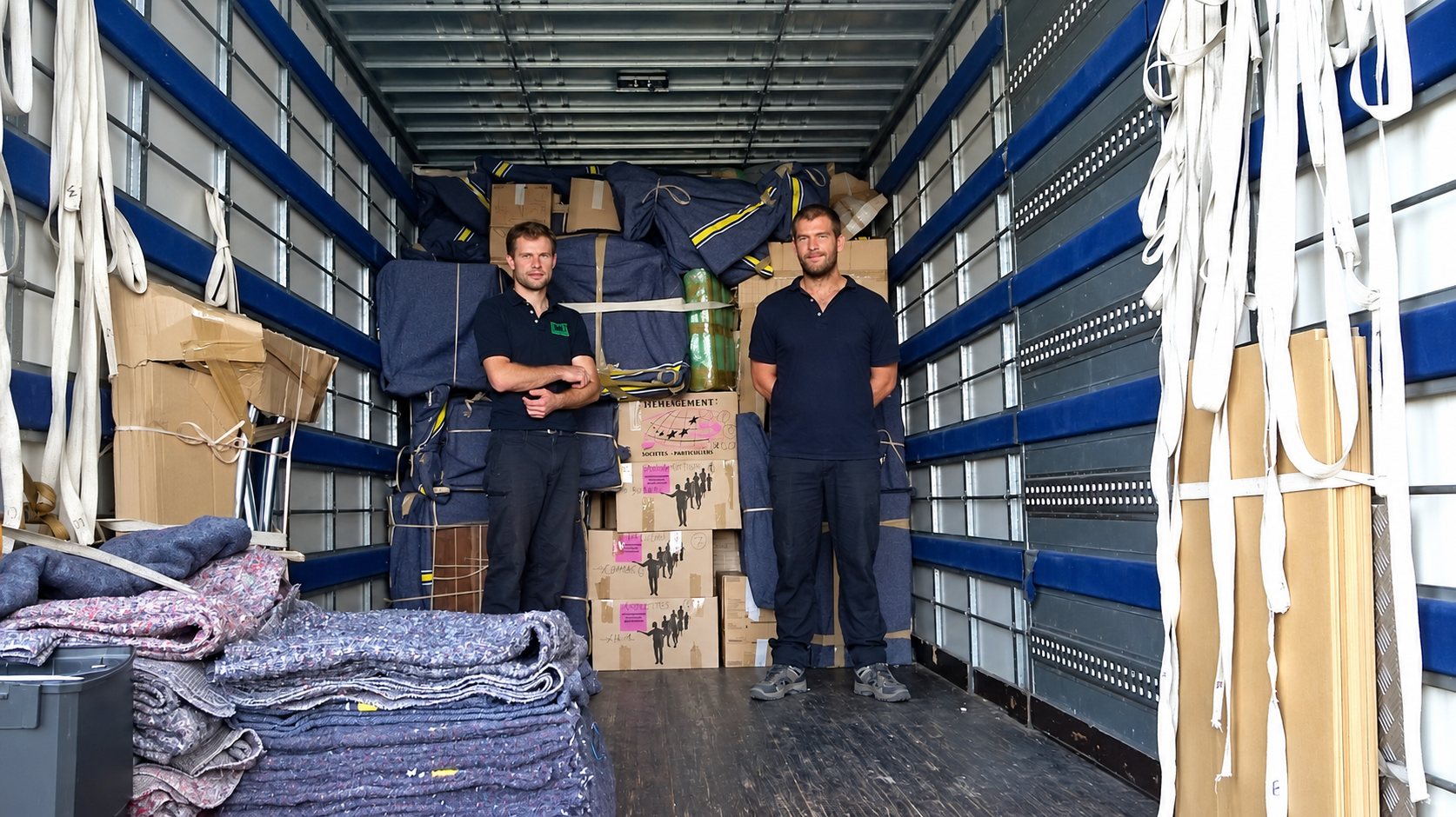 Deux déménageurs dans la remorque du camion, au milieu des couvertures et des cartons