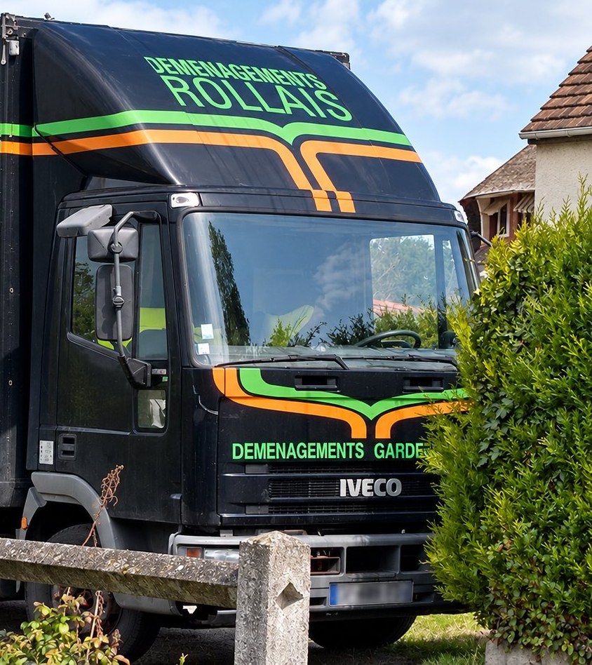 Cabine du camion Déménagements Rollais garé devant une maison