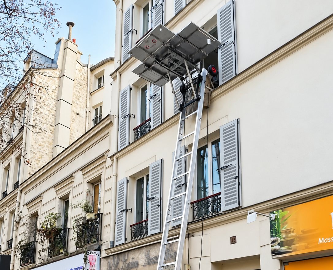 Échelle électrique démontable dressée contre la façade d'un immeuble