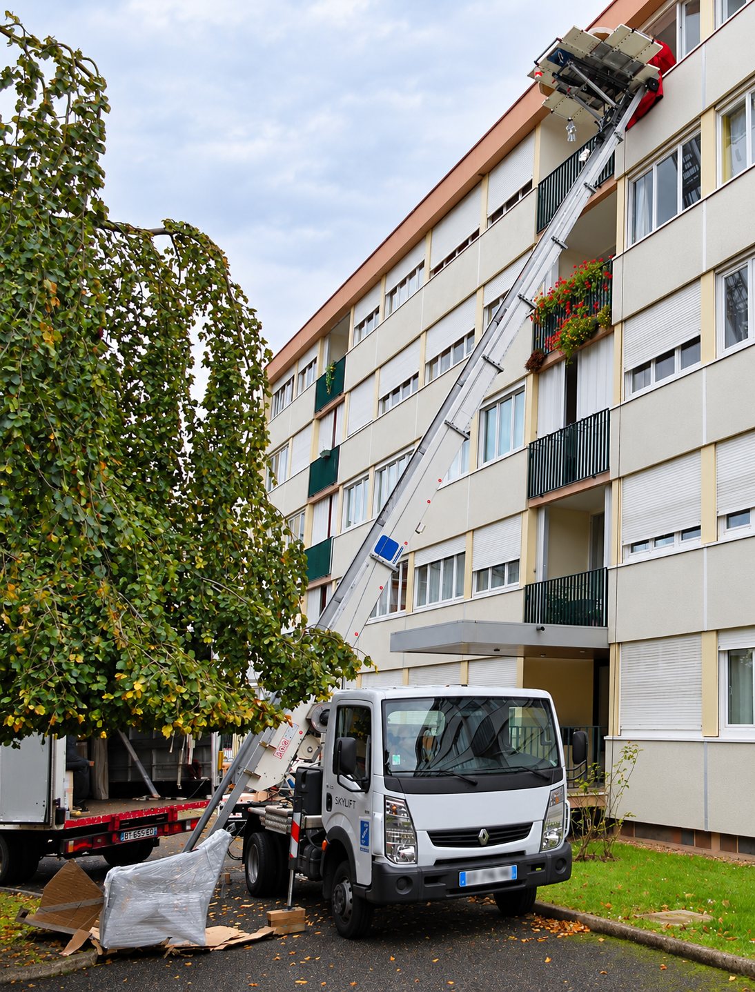 Remontée de meubles par monte-meubles le long d'un immeuble